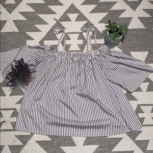 White and blue pinstriped off the shoulder shirt